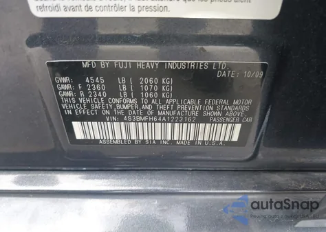 2010 Subaru Legacy 2.5Gt Premium z USA, uszkodzony, nr VIN 4S3BMFH64A1223162